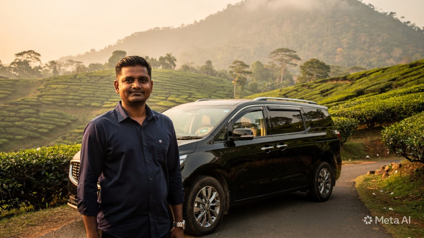 Chamara K. with his Kia Grand Carnival at a tea estate