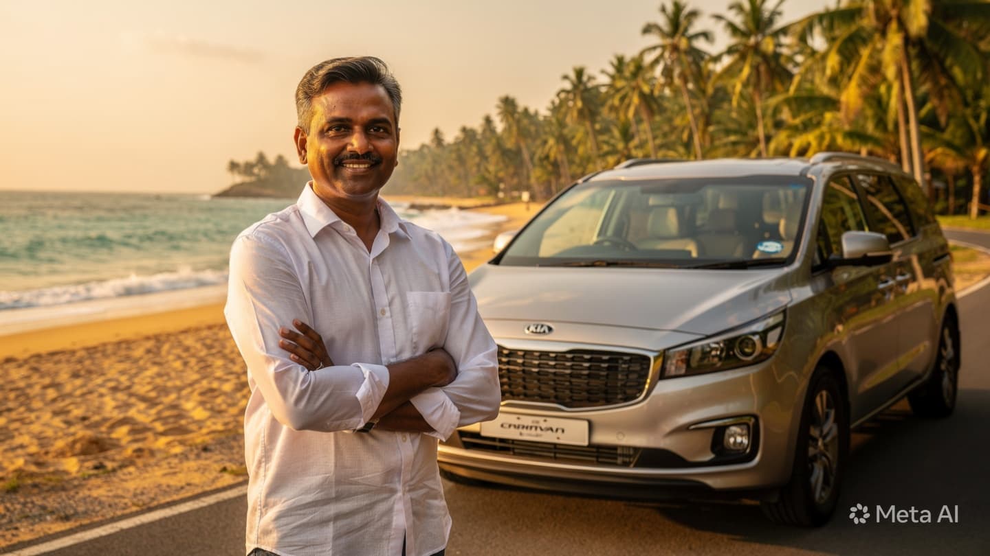 Pradeep S. with his Kia Carnival at the beach