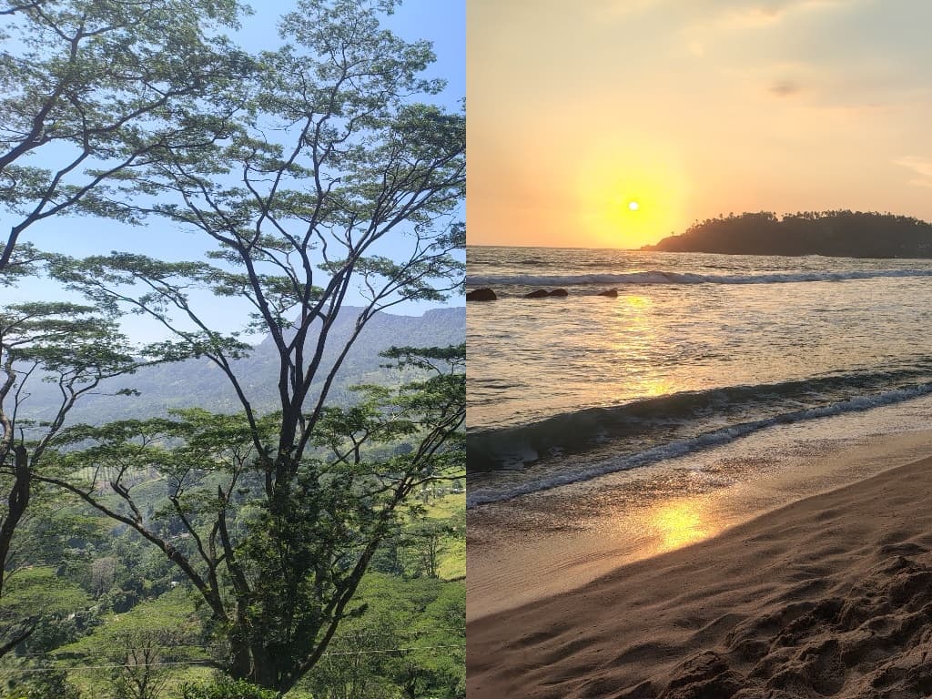 Split view showing the lush green Hanthana mountain range on the left and a golden sunset over the beach at Mirissa on the right.